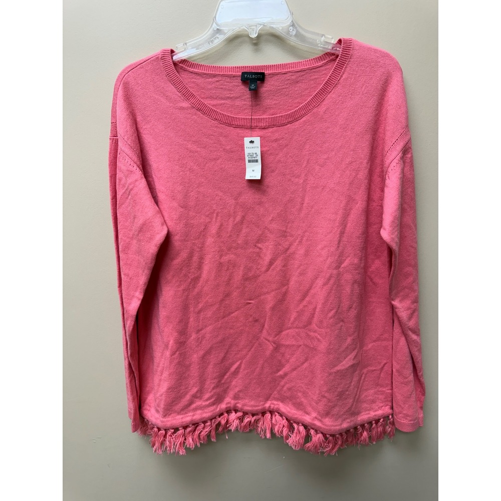 Talbots Womens Pink Tassel Fringe Hem Long Sleeve Crew Neck Sweater Size M NWT